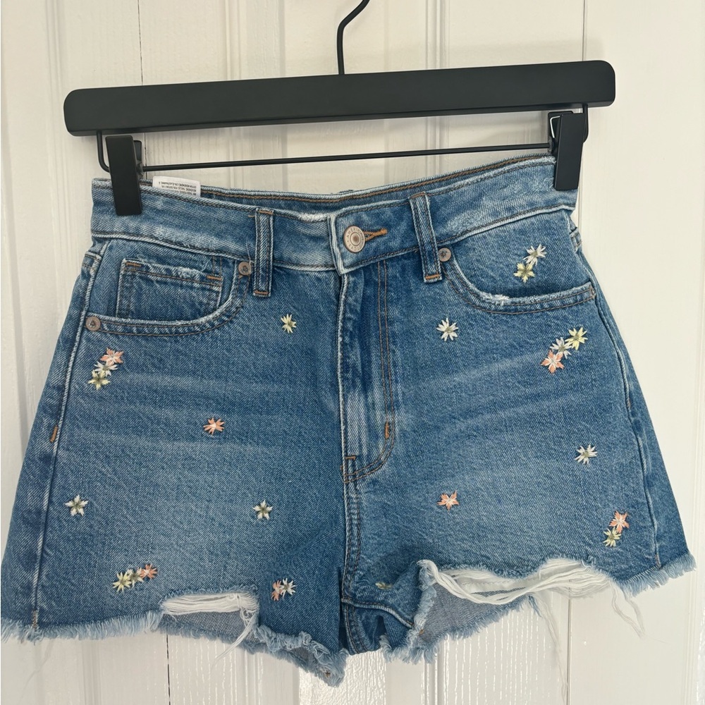 American Eagle Light Blue Denim Shorts with Floral Accents